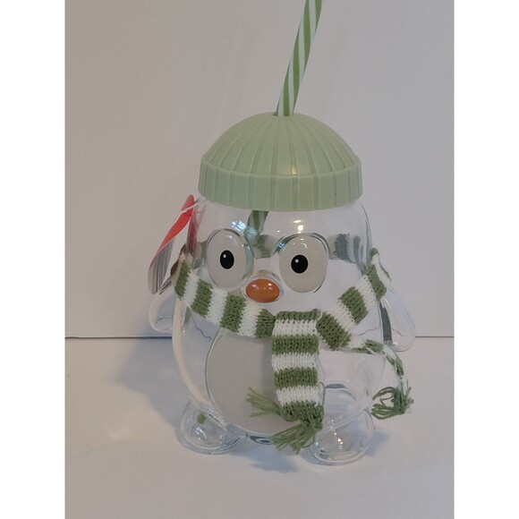 Starbucks Other - ALDI Glass Sipper Snowman Christmas Beverage Cup Clear Green Hat Scarf Holiday